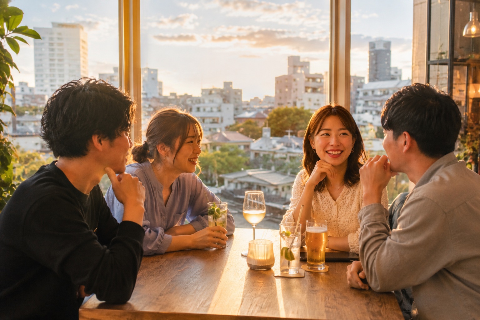 夕暮れのレストランで、窓の外に東京の街並みを望みながら乾杯する4人